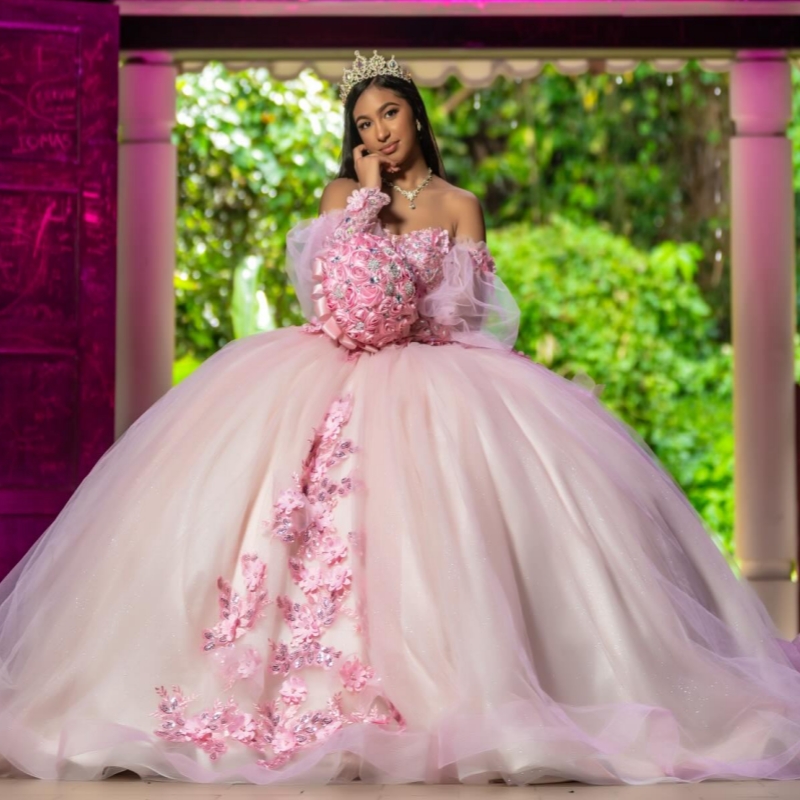 Pink Quinceanera Dresses Ball Gown Off The Shoulder Applique Flower Beading Crystal Corset Party Birthday Sweet 16 Dres Vestidos 15 Anos