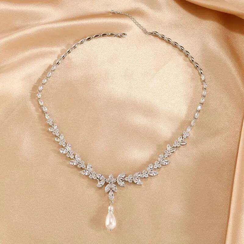 ZAKOL Luxury Brilliant AAA Zirconia Leaf Necklace for Women High Quality Shiny Zircon Pearl Drop Bridal Wedding Party Jewelry