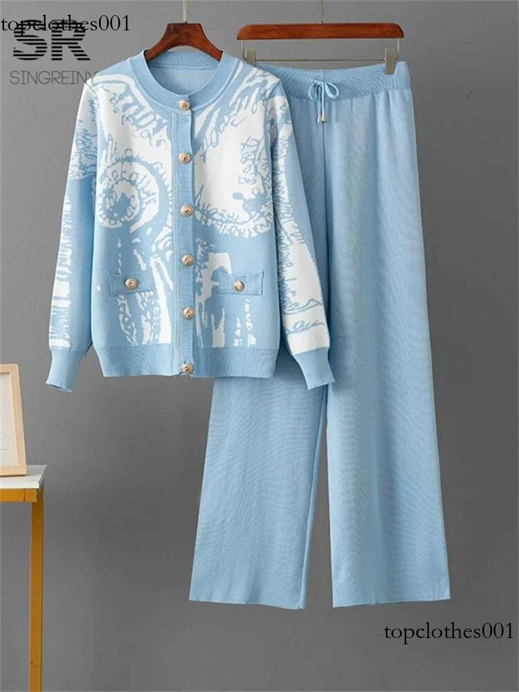SINGREINY Jacquard Winter Knitted Suits Women Single Breasted Cadigan+Wide Leg Long Pants Autumn Casual Sports Loose 2pcs Set