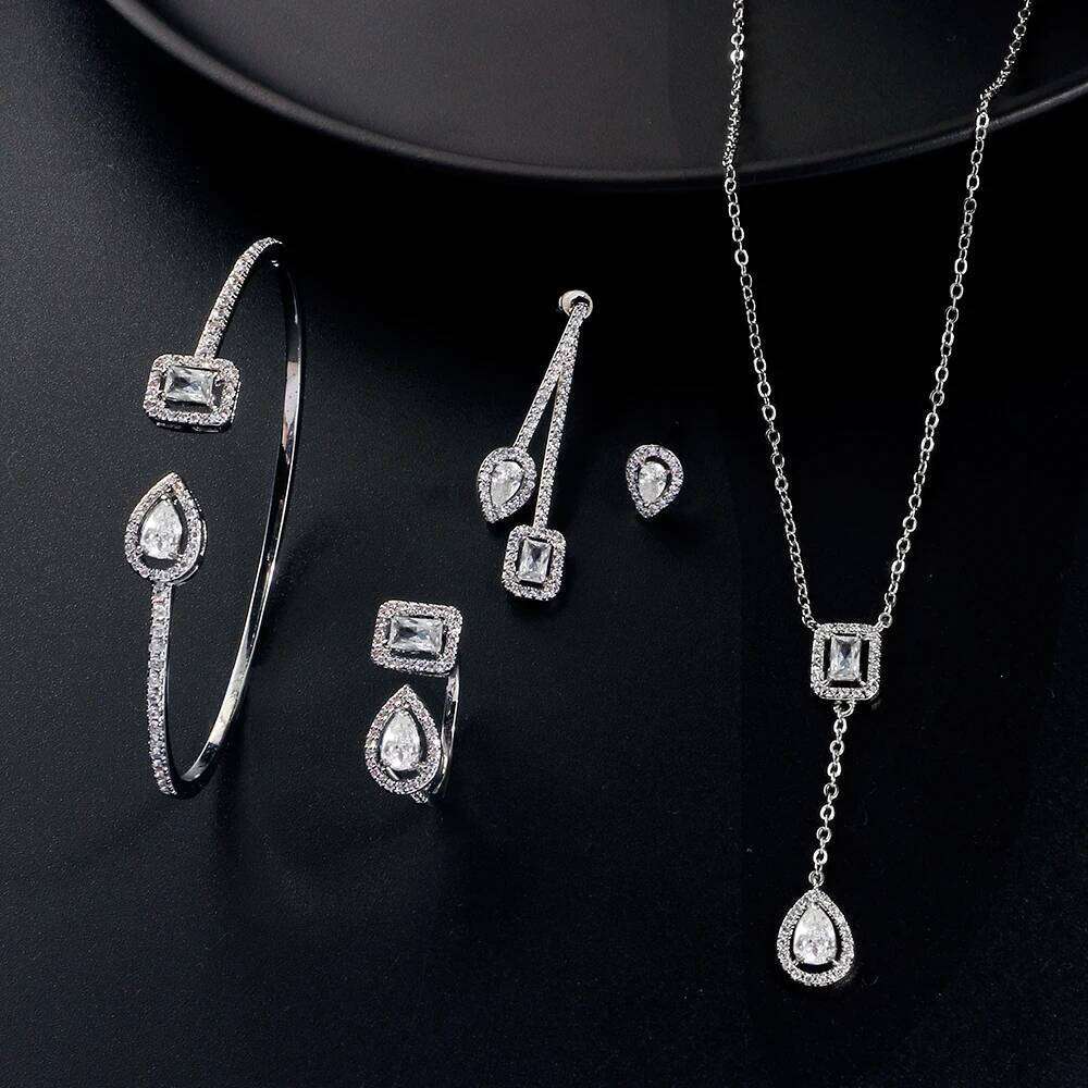 ZAKOL 4 Pcs Wedding Jewelry Set Classic Geometric Water Drop Square Shiny Zirconia Earring Necklace Bangle Bridal Accessories