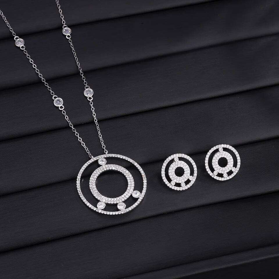 ZAKOL New Buling Two Hollow Circles Zircon Pendant Necklace Earrings for Women Elegant Party Weddding Jewelry Set