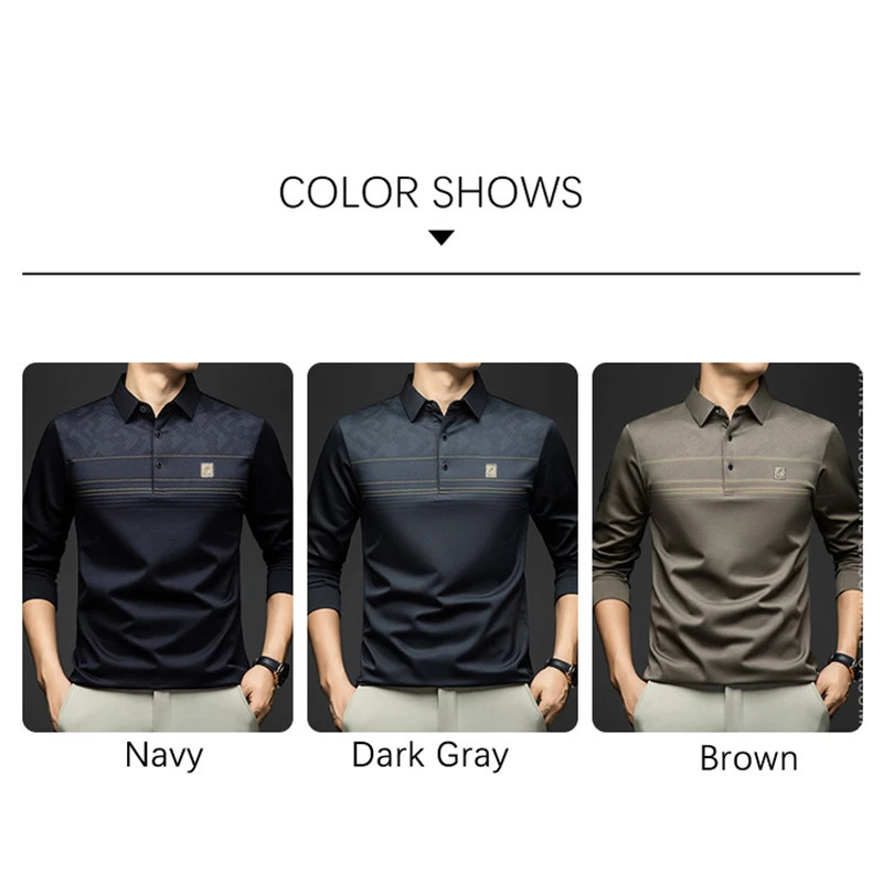 BROWON Male Polo Shirt 2025 Spring Autumn Casual Loose Men Long Sleeve Turndown Collar Print Striped for Wear 251219