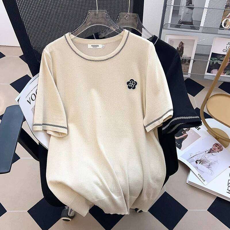 160Kg Plus Size Women's Bust 160 Summer Loose Ice Silk Knitted Top Short Sleeve T-Shirt Black Apricot 5Xl 6Xl 7Xl Designer 8Xl 9Xl 10Xl