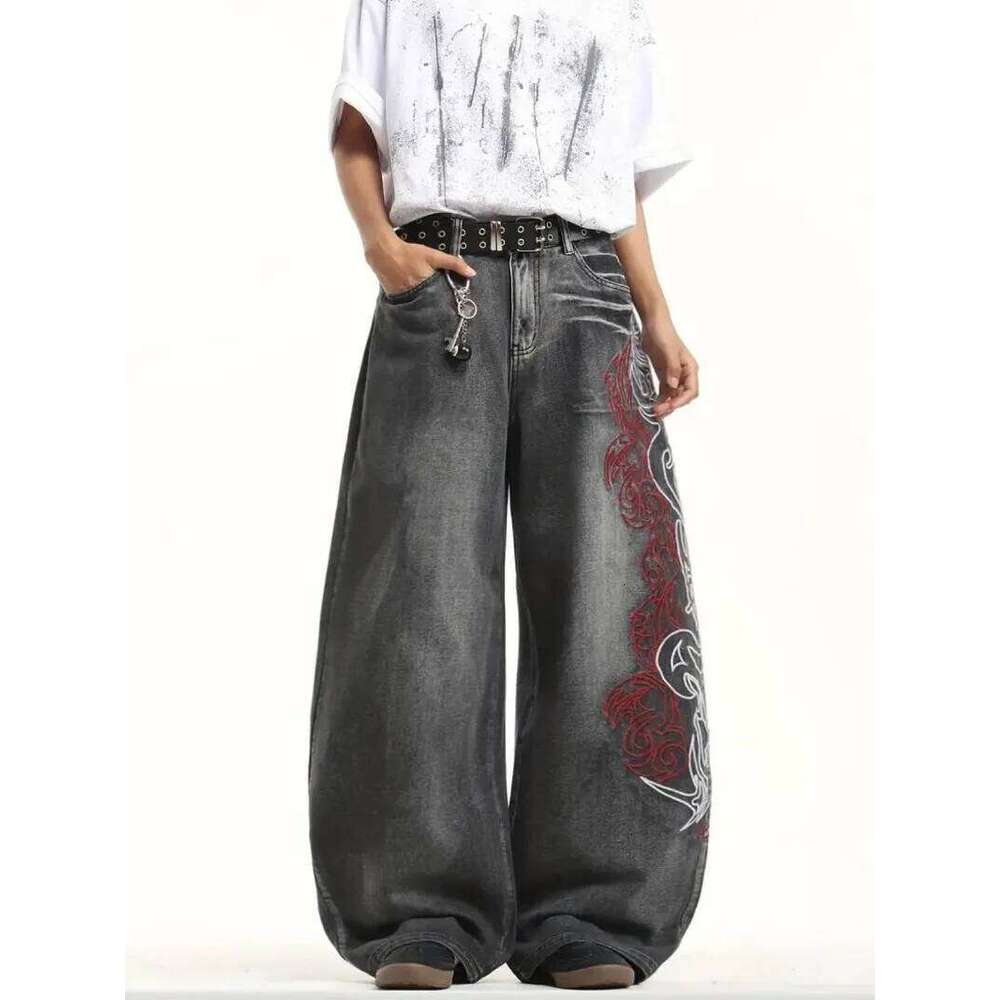 Y2K American New Pattern Embroidery Baggy Jeans Men High Streetwear Vintage Hip Hop Fashion Casual Joker Couple Wide-leg Pants
