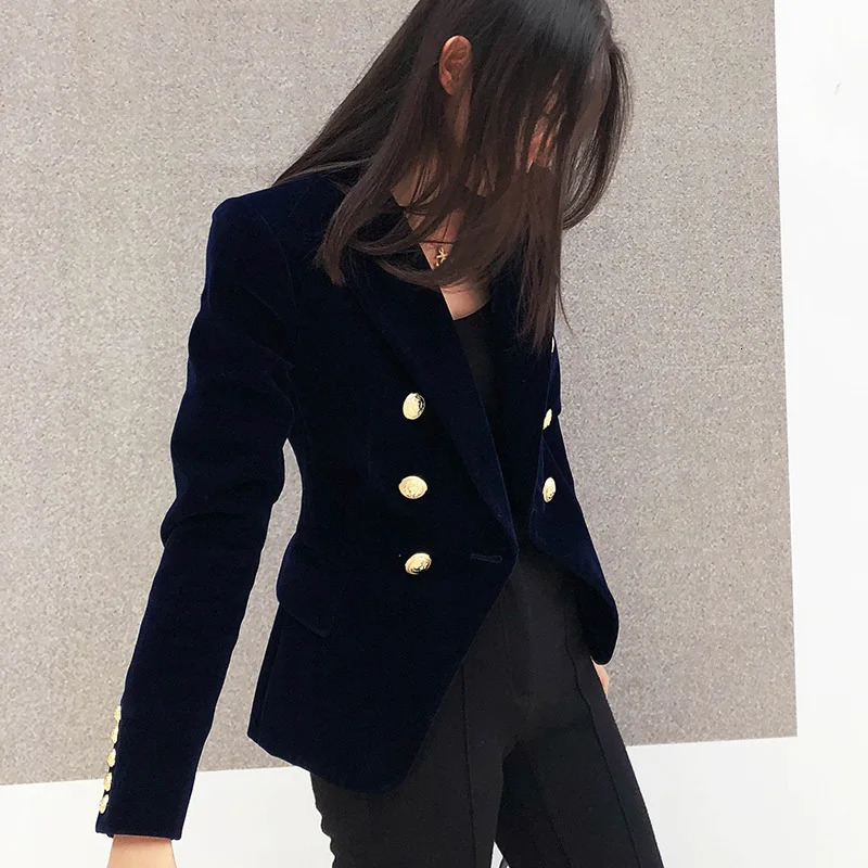 Spring Fashion Women Midnight Navy Slim Velvet Blazer Office Lady Double Breasted Suit Jacket Coat Female Party Clothes Gift 251227