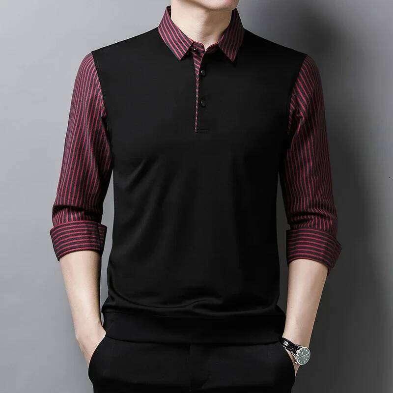 New Men's Casual And Fashionable Long Sleeved POLO Shirt With Contrasting Print Anti Wrinkle Top