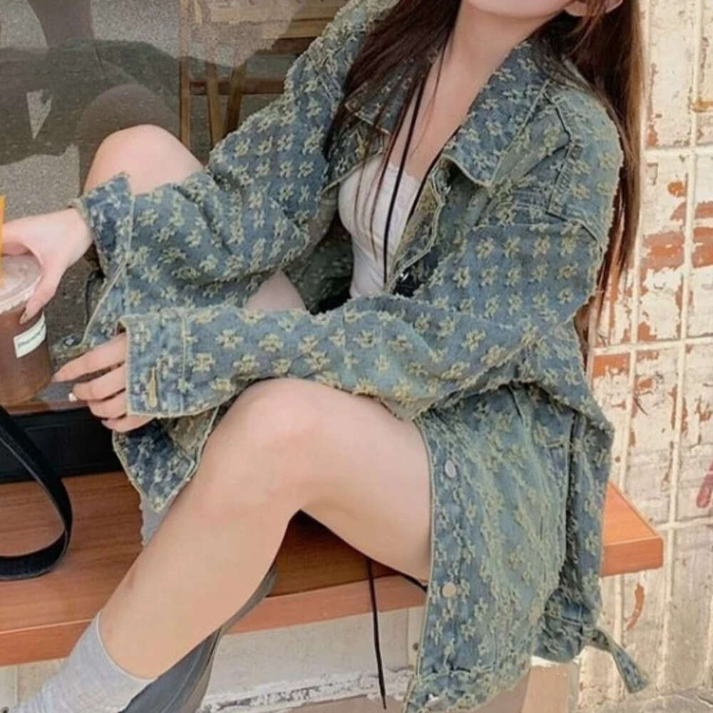 Women's Autumn Premium Jacquard Denim Jacket - Sweet & Designer Fashion 2026 Edgy Street Style, Vintage Relaxed Fit Biker Outerwear