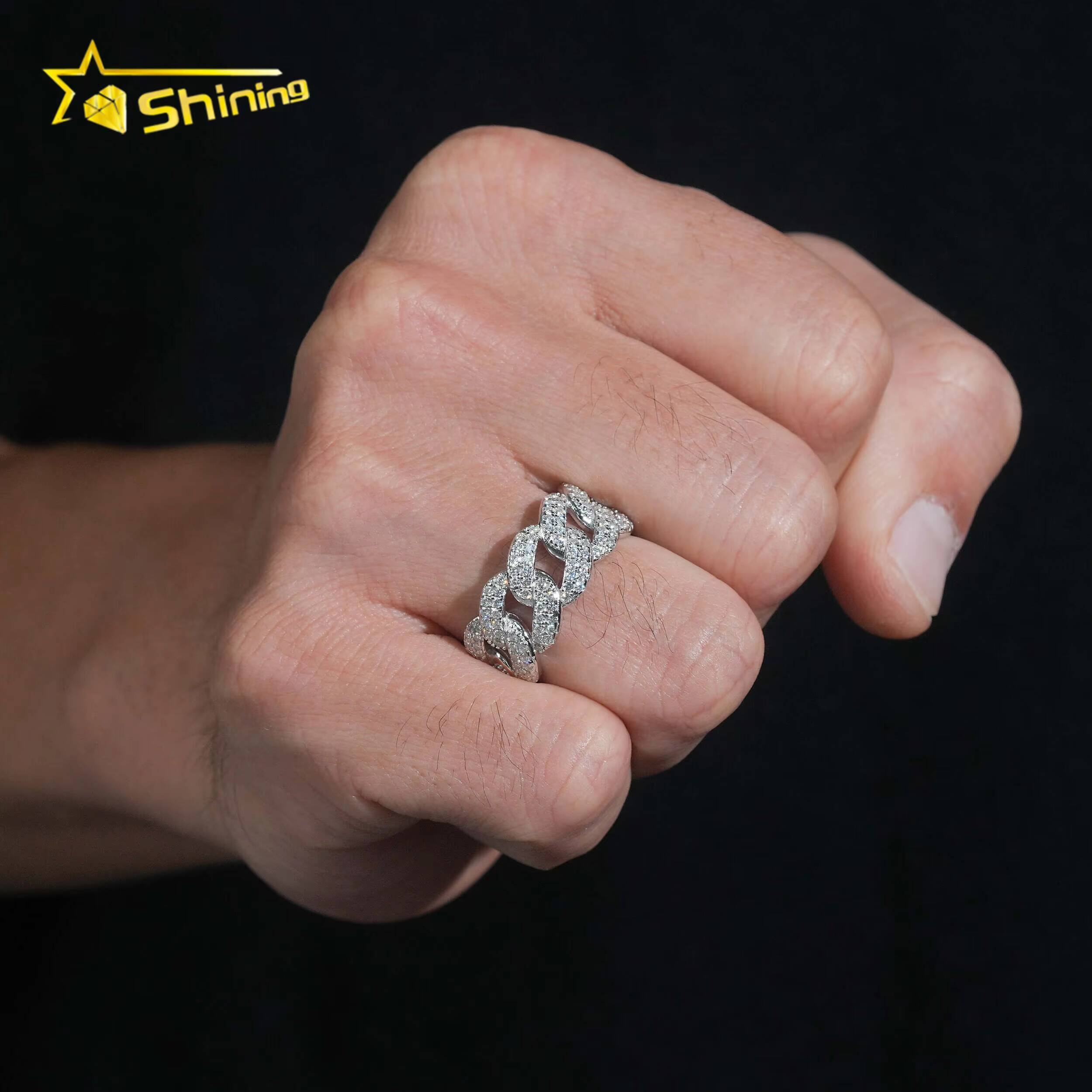 New Iced Out 925 Silver VVS Moissanite Cuban Link Ring Hip Hop Jewelry Custom Moissanite Engagement Ring for Men