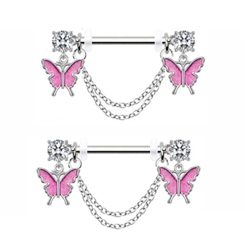 1Pair Pink Butterfly Nipple Piercing Jewelry Shiny Crystal Nipple Rings For Women Girls Heart Nipple Barbells Piercing Pezon 251224