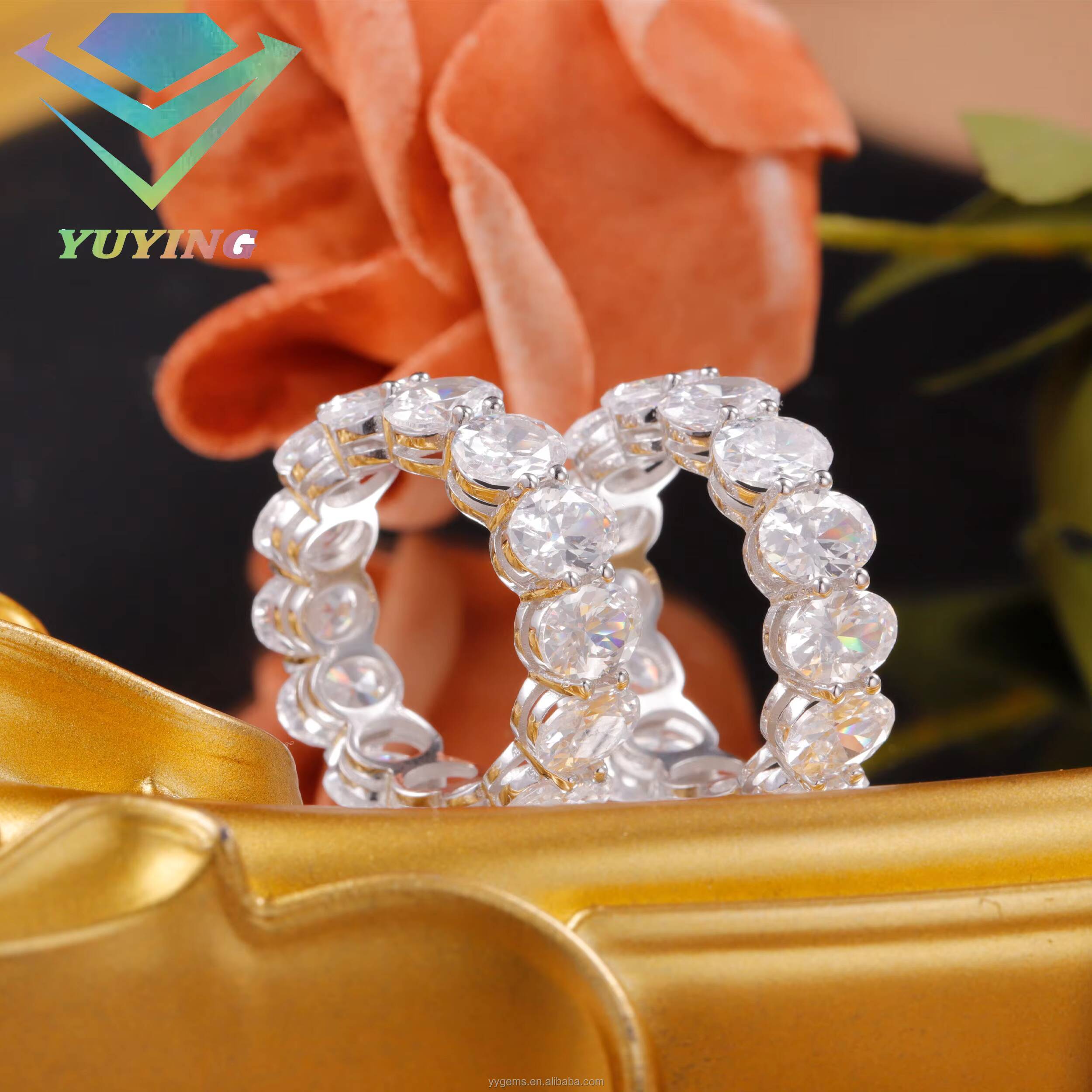 Yu Ying Handmade 3x5mm 4x6mm Oval Moissanite Full Eternity Ring Band Fashion 14K White Gold Wedding Band Rings Jewelry
