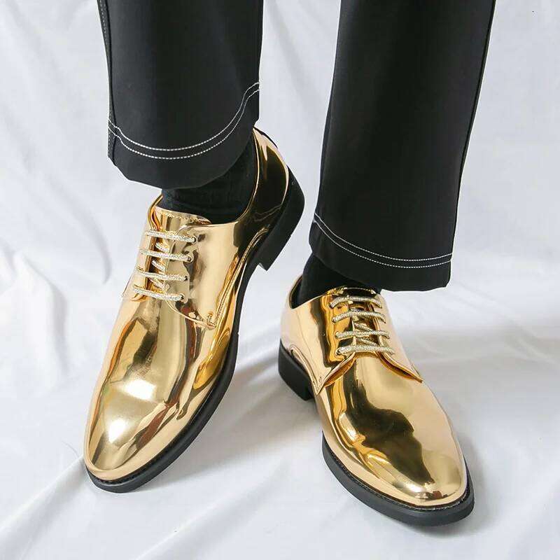 Fashion Golden Leather For Men Large Size 49 50 Shiny Party Male Pointed Bussiness Man Formal Shoes chaussures homme LEEGO LENS
