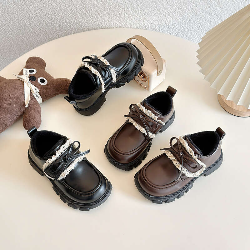 Girls' Bow Lace Fashion Princess Little Leather 2025 Autumn Winter New Korean Style Children's Fleece Cotton Shoes
