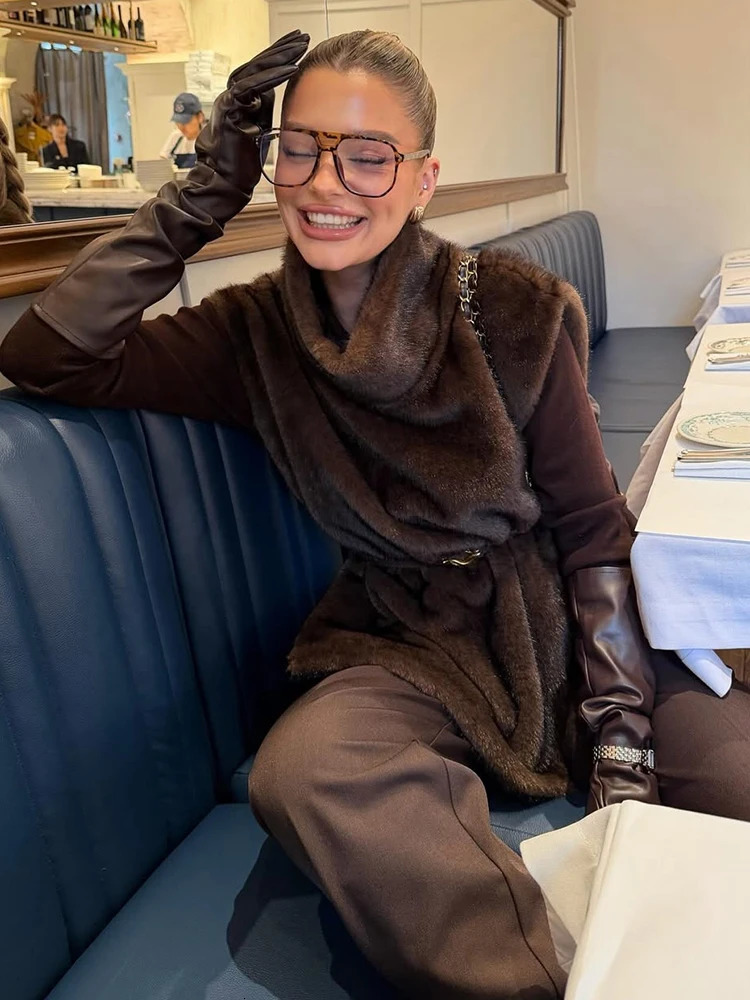 Y2K Faux Fur Turtleneck Tank Tops Women High Waist Sleeveless Solid Cropped Top Commute Female Sweaters Vest 251219