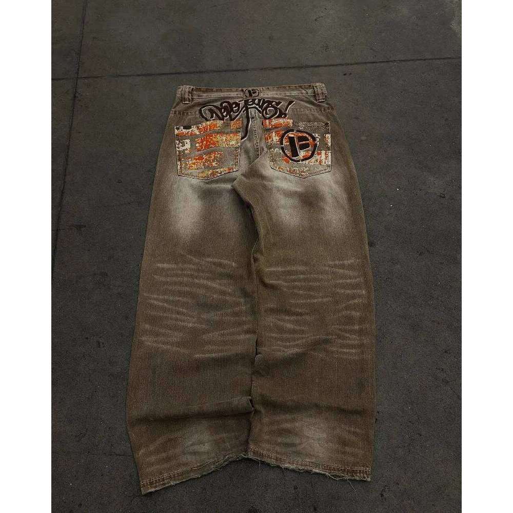 Y2K American Fashion New Oversize Letter Embroidered Yellow Washed Baggy Jeans Men Vintage Gothic Popular Casual Wide-leg Pants