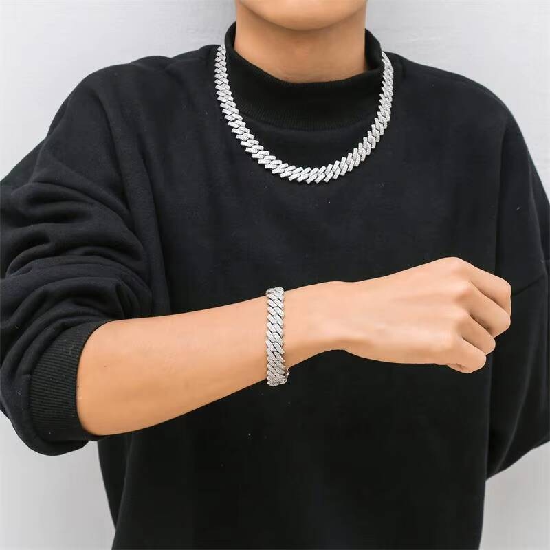 Rhodium Plating Bling Zircon Moissanite With Hip Hop Iced Out 14MM Width 925 Sterling Silver Rhombus Cuban Chain Necklace