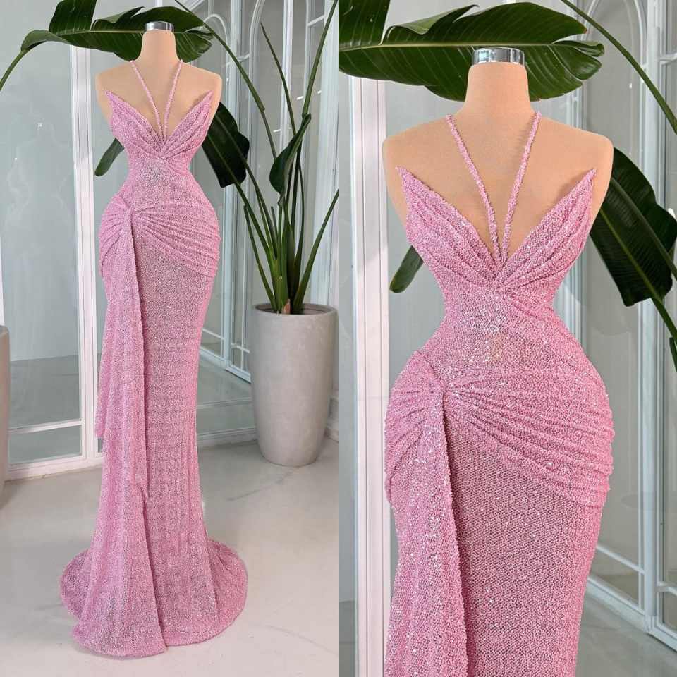 Sexy Halter Sequined Prom Dresses Sparkly Sleeveless Lace Evening Dress Customized Floor Length Party Cocktail Gown