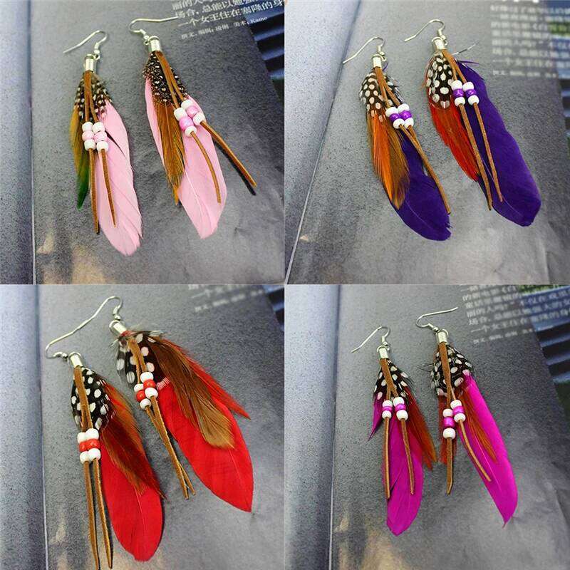 1Pair Tassel Dangling Colorful Feather Leather Beads Earrings Indian Feathers Summer Womens Fashion Jewelry C251227
