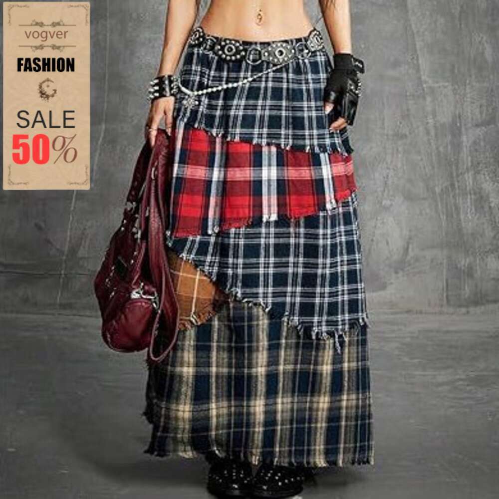 Women's A-Line Cake Waist Casual Midi Draped Flared Elastic Drawstring Patchwork Plaid Fringe Hem Punk Vintage for Casual Wear