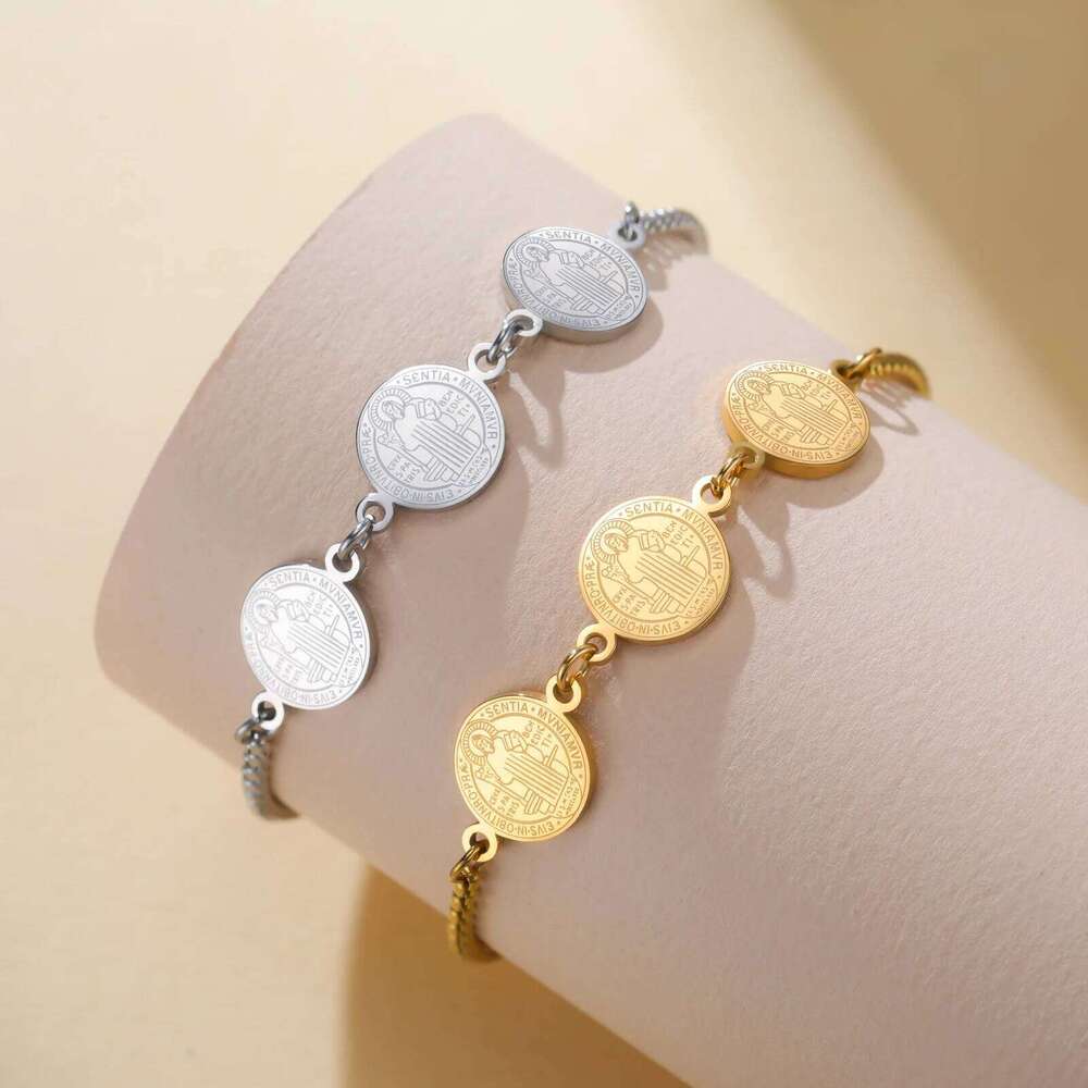 Double-sided Saint Benedict Exorcism Cross Charm Women Stainless Steel Gold Color Adjustable Box Chain Bracelet Jewelry 25H1229