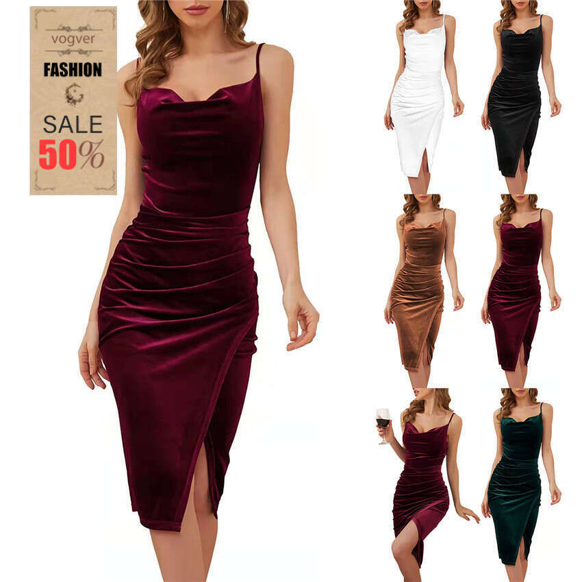 Dress for women Ruched Velvet Slit Elegant Strap Dress, 2026 Spring Summer New European and American Fashion Weekend Party Wear