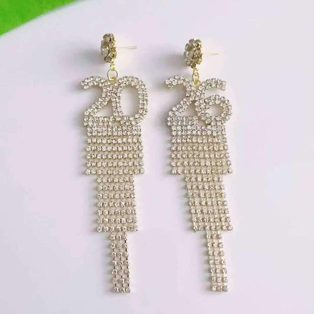 Full Rhinestone Crystal Flower Number 2026 Long Tassel Asymmetric Drop Dangle Earrings Near Year Party Gift For Women Christmas