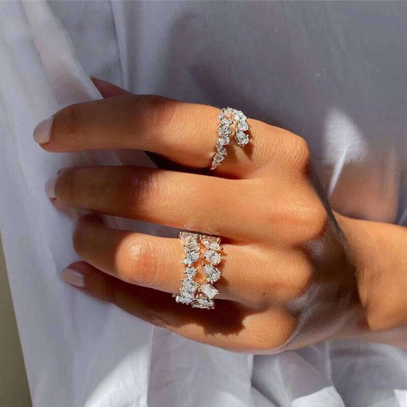 Classic Fashion 3 Layers Irregular Zirconia Open Rings for Women Silver Color Ring Rectangle Shinny Wedding Jewelry