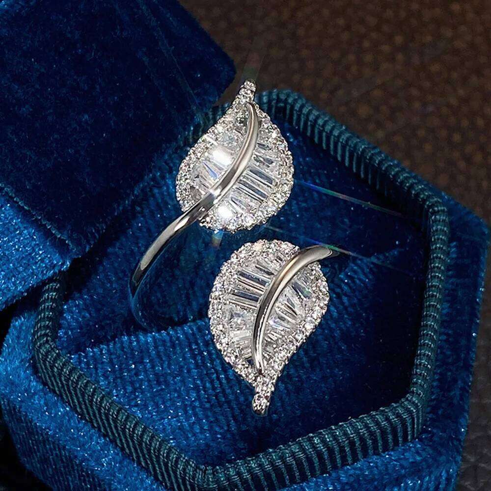 ZAKOL Luxury Leaf Adjustable Opening Rings for Women Silver Color Bridal Wedding Crystal Cubic Zirconia Fashion Jewelry
