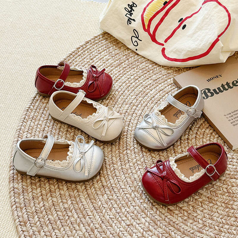 2025 Spring and Autumn New Korean Style Girls' Lace Edge Little Leather Shoes with Bow Princess Soft Sole Mary Jane Flats