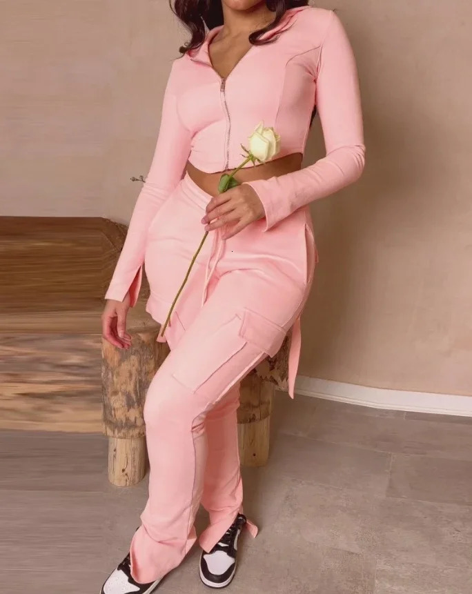 Zipper with Exposed Navel Hooded Sweatshirt and Drawstring V-Shaped Waistline Work Pants Sports Pants Long Pants Set 251224