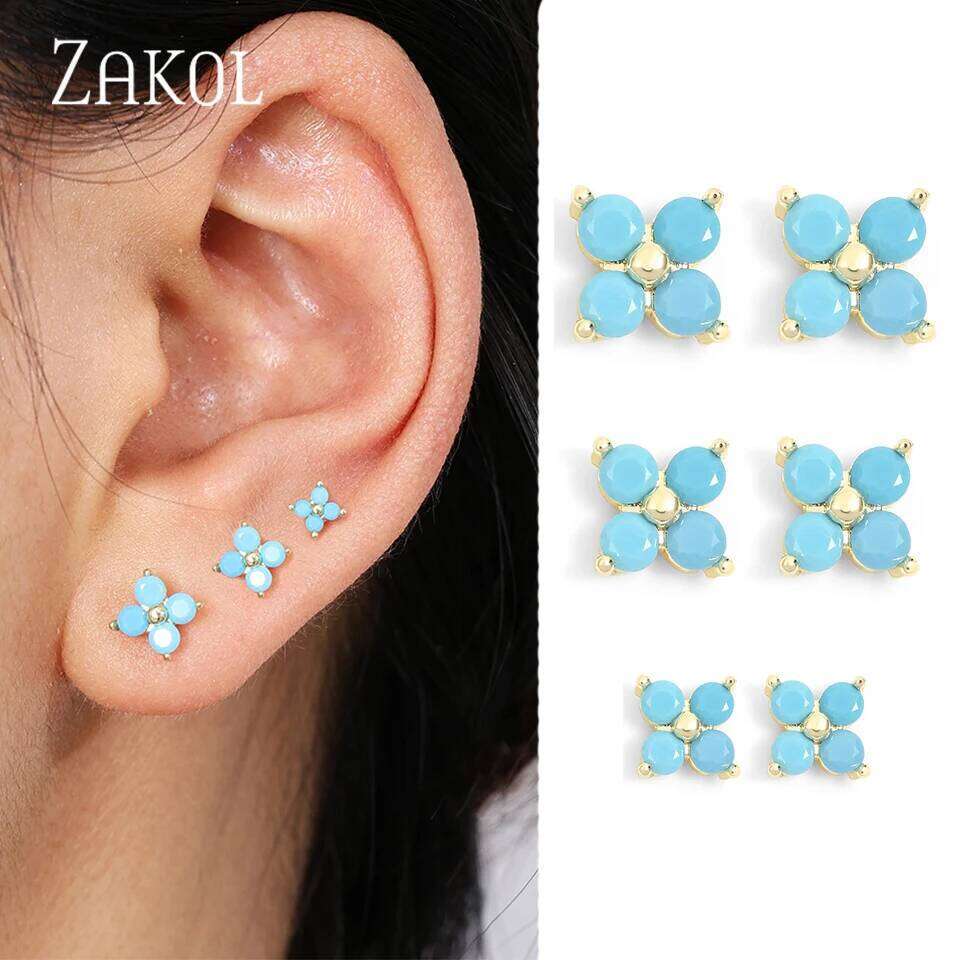ZAKOL New 6 Pcs Turquoise Small Flower CZ Stud Earrings for Women Girls Charming Shiny Zircon Party Jewelry Gift