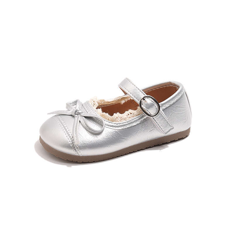 2025 Spring and Autumn New Korean Style Girls' Lace Edge Little Leather Shoes with Bow Princess Soft Sole Mary Jane Flats