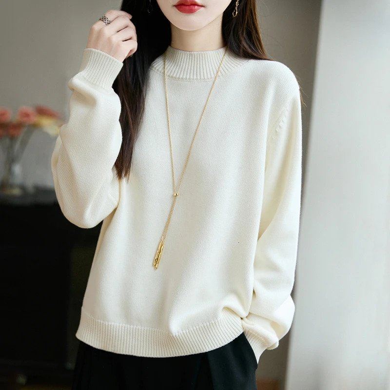 100 pure cotton womens knitted sweater solid color round neck pullover loose autumn and winter top 251216
