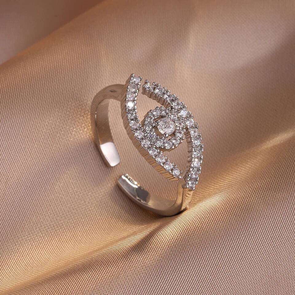 ZAKOL Fashion Turkey Evil Eye Zircon Inlaid Adjustable Open Rings Sliver Gold Color Aesthetic Ring Party Jewelry Anillos Mujer