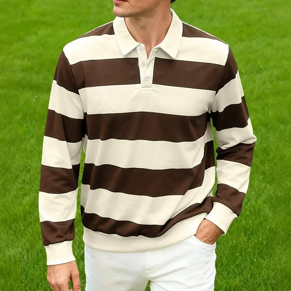 Mens Horizontal Stripes Rugby Polo Long Sleeve Shirts Collared Casual Outdoor Athleisure Spring Fall Men Clothing 251219