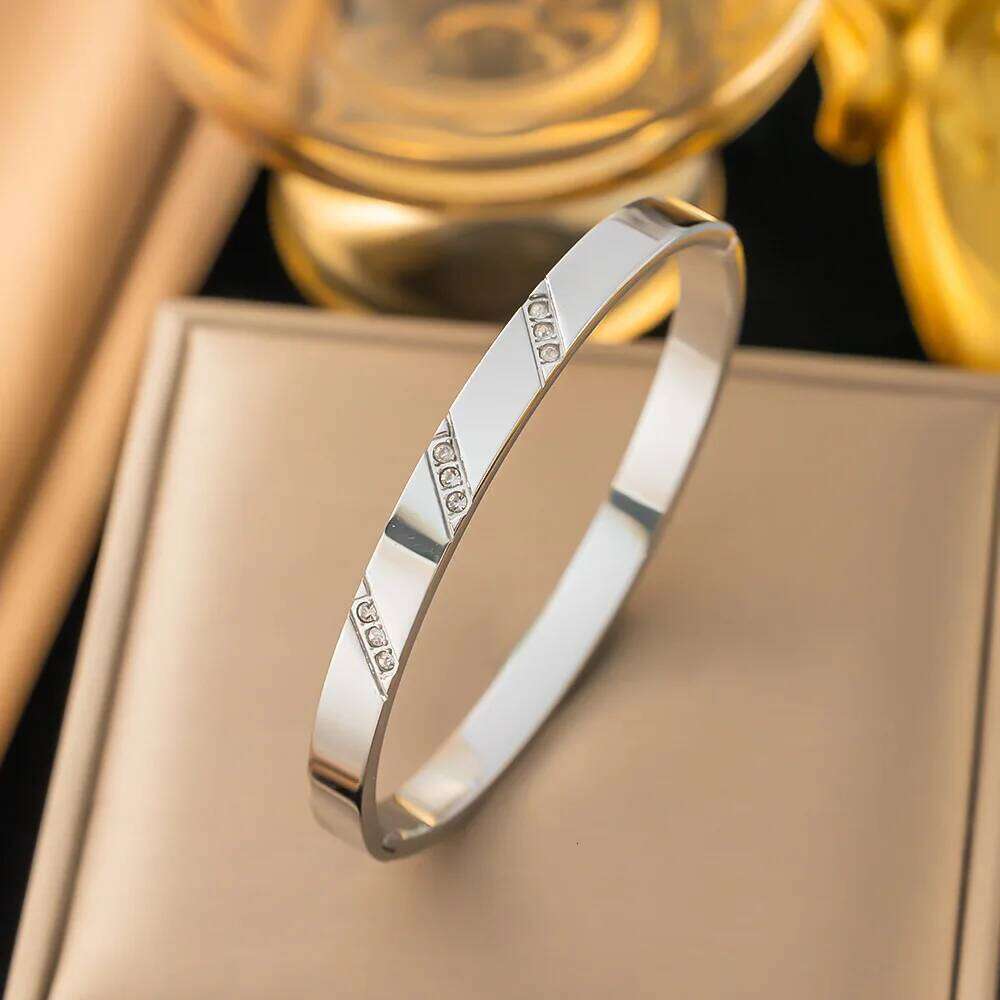 ZAKOL Classic Striped Zircon Inlaid Stainless Steel Bracelet for Women Gold Color Plated Fashion Niche Design Accessory Gift