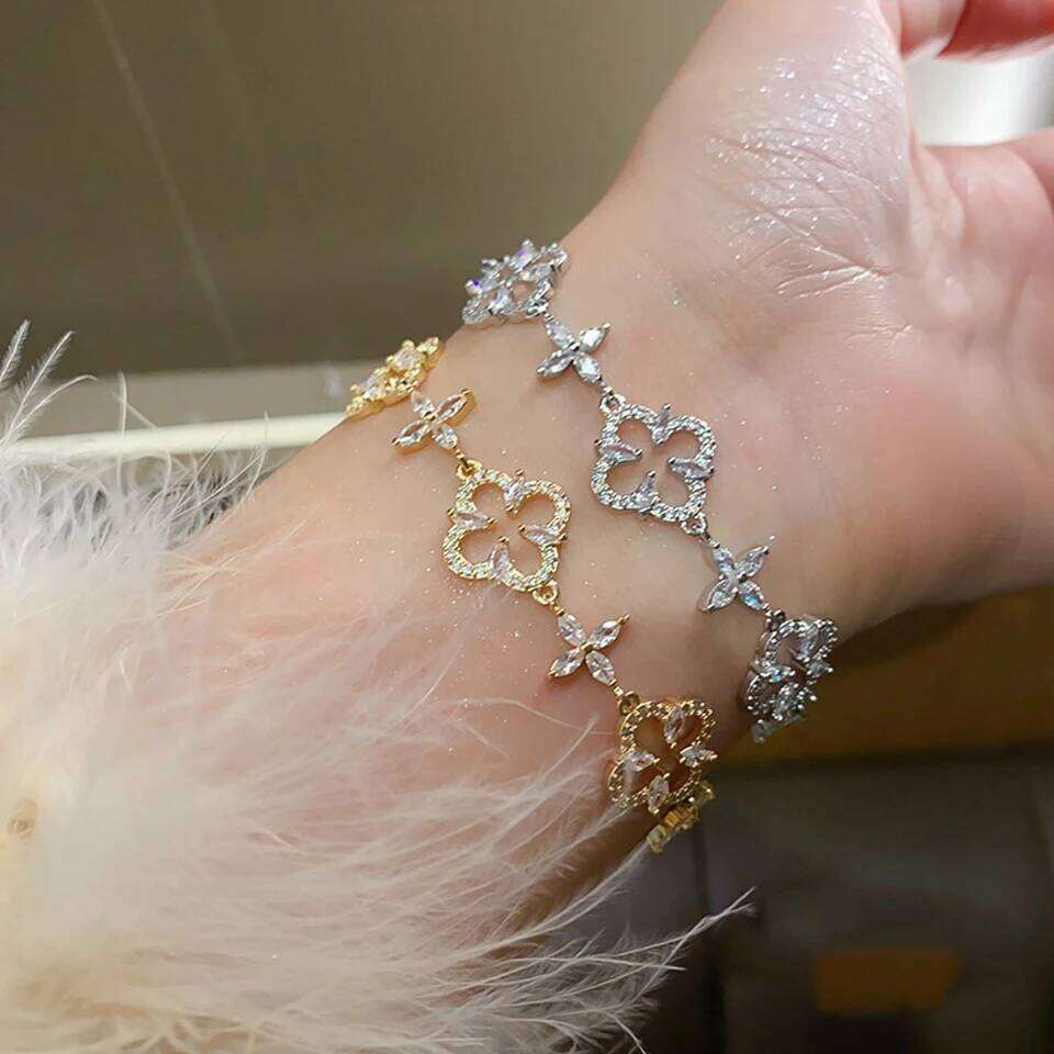 ZAKOL New Full Zircon Hollowed Out Four-leaf Flower Bracelet High-End Luxury Jewelry Accessories Gift for Women