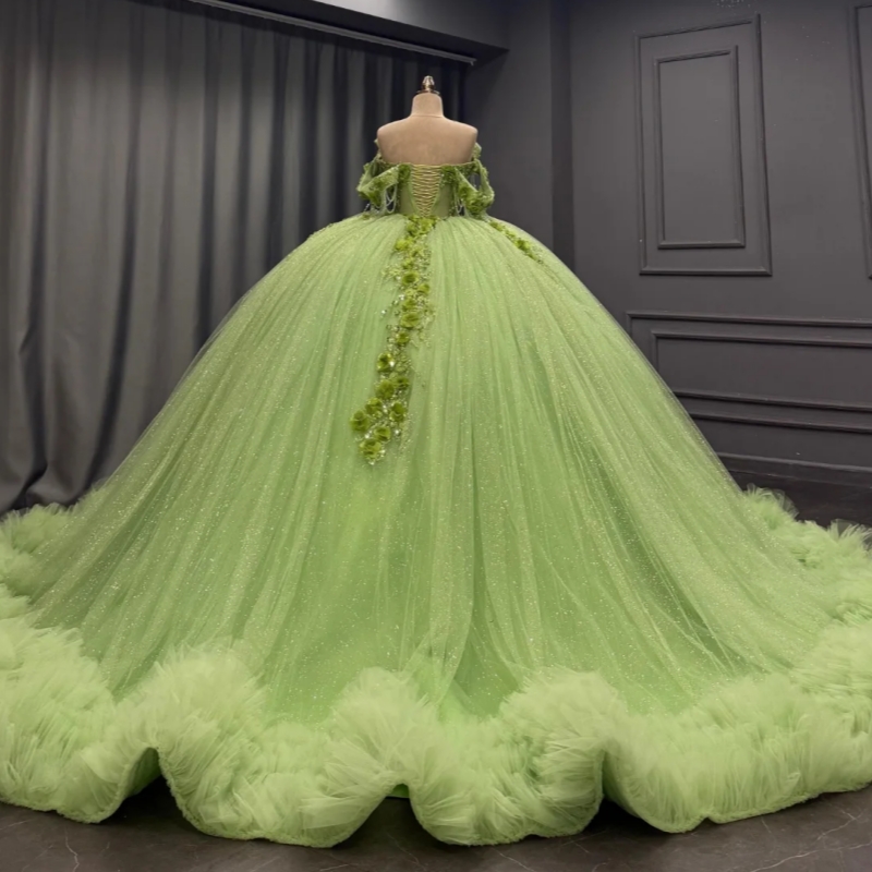 Sage Green Shiny Quinceanera Dresses Ball Gown Off The Shoulder Applique Flower Beading Crystal Tiered Tull Corset Party Birthday Sweet 16 Dres Vestid