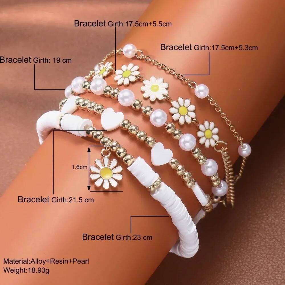 5pcs Charm Daisy Flower Pearl Heart Bracelet for Women Personality Trendy Multilayer Gold Color Zircon Jewelry Set Gift 25H1229