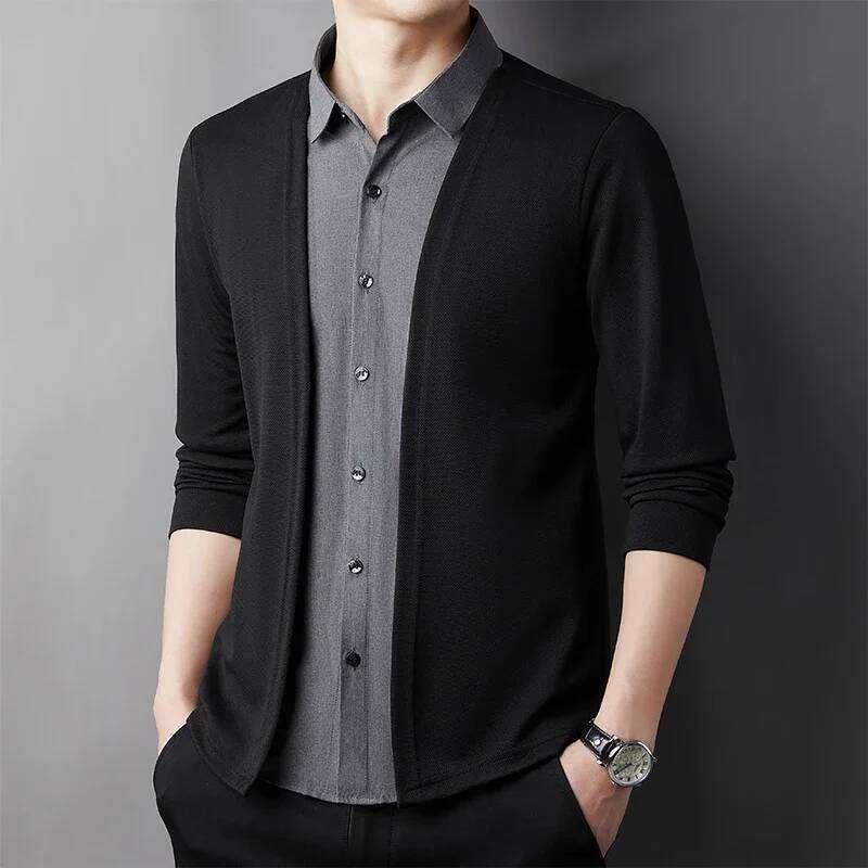 2025 Men's Casual Long Sleeved Shirt Fake Two Piece Comfortable Outdoor Cardigan Korean Version Fashionable Versatile Top