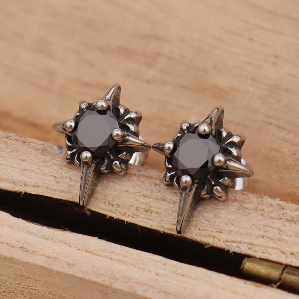 Fashion Trend Charm Women Black Stone Earrings Stainless Steel Punk Hip Hop Star Earring for Men Couple Jewelry Gift Accessories 251224