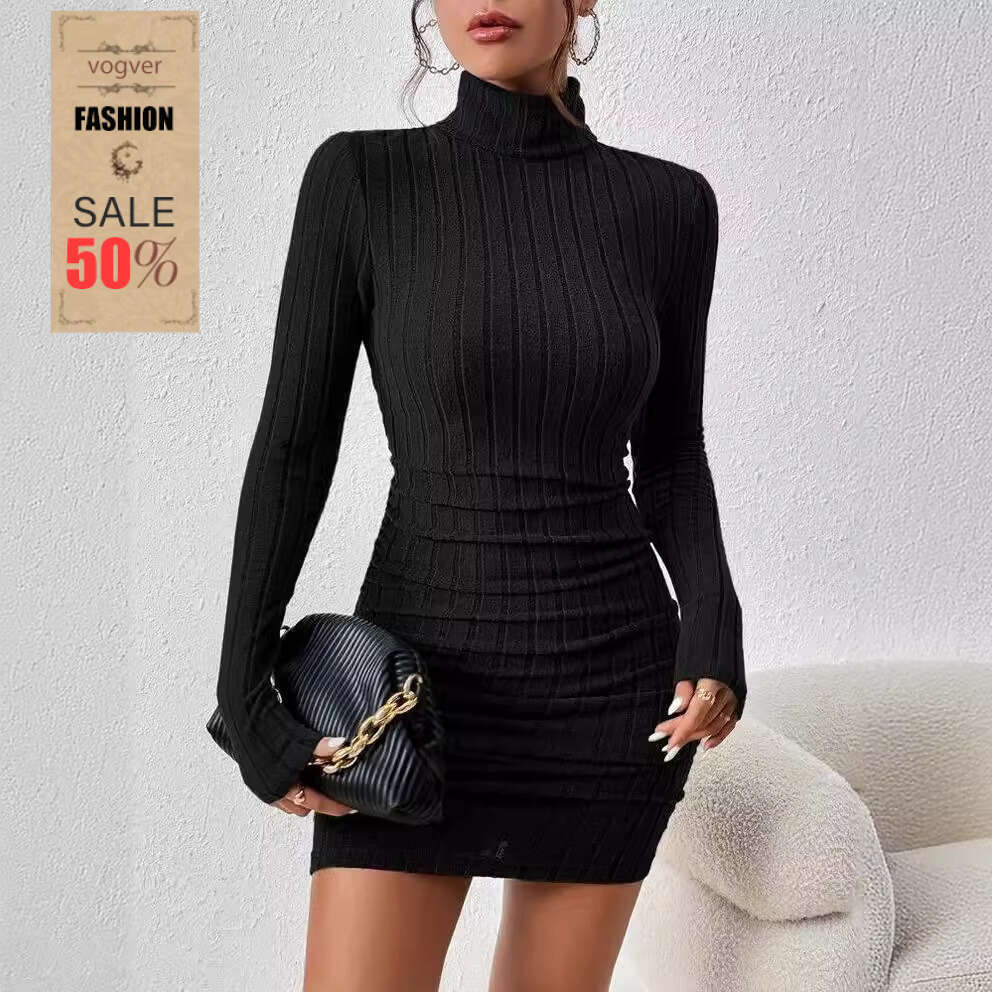 Dress for women Elegant Long Sleeve Round Neck Bodycon Dress, Quality Polyester 2026 Spring Style Slim-Fit Commute Dress