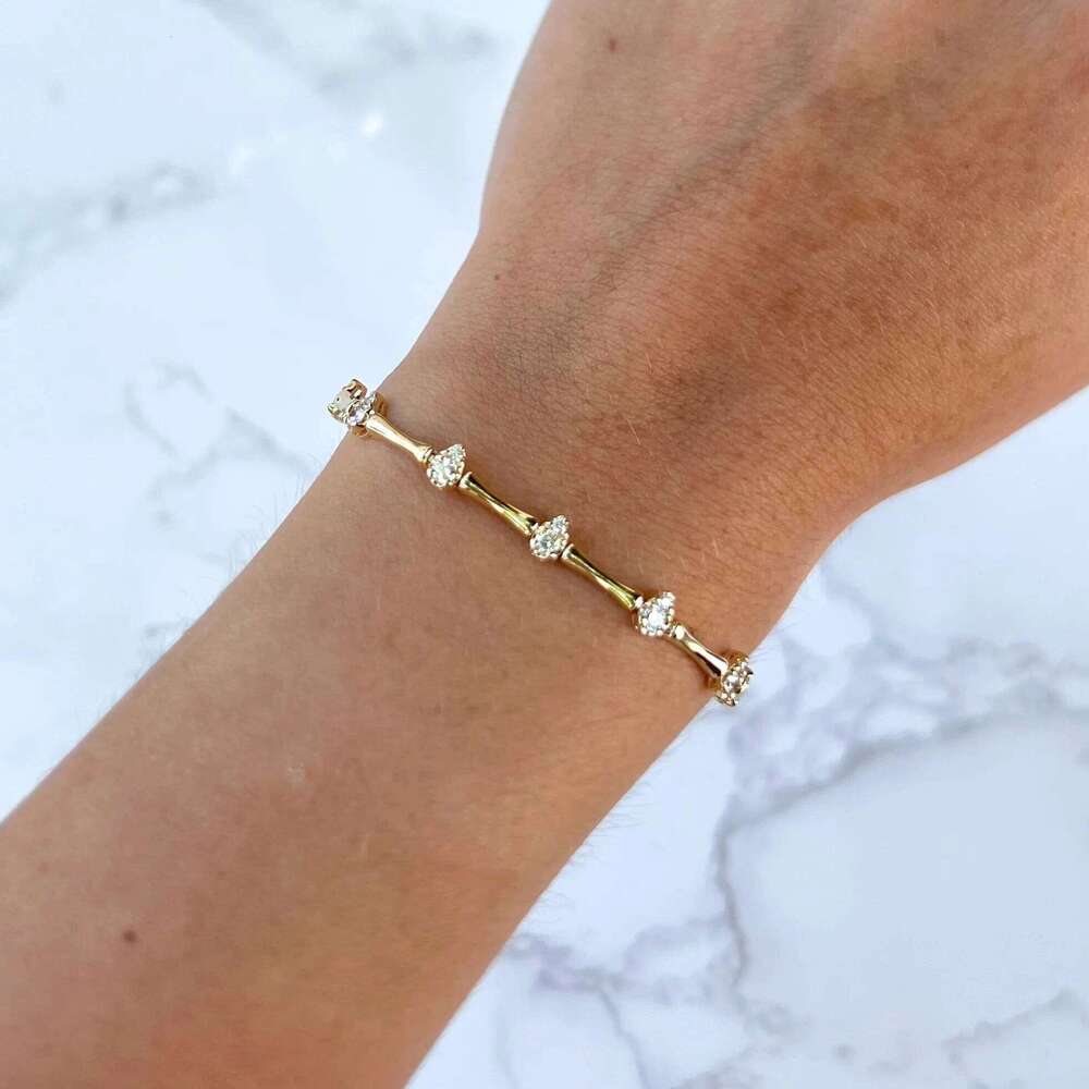 Gold Color CZ Tear Drop Charm Bamboo Bone Shaped Tennis Chain Fashion Women Bracelet 25H1229