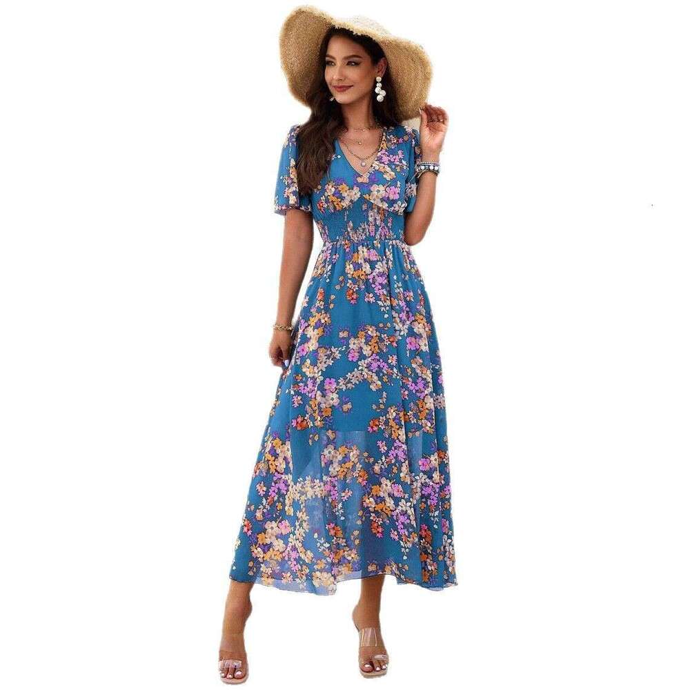 Dress for women Elegant Printed Waist-Cinching Short Sleeve Chiffon Dress, 2026 Spring Summer New European and American Vacation Outfit