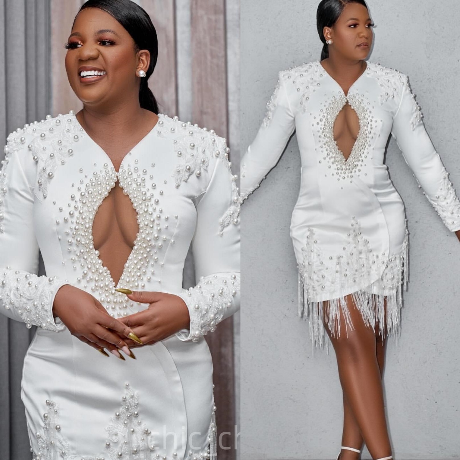 Chic White Sheath 2026 Cocktail Dress Pearls Satin Tassels Full Sleeves Short Mini Graduation Homecoming Dresses For Special Occasions Sweetheart Gown