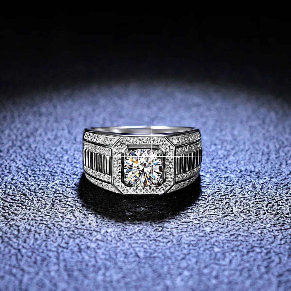 18K Gold Set Full 1-Ct Moissanite Ring, Simple and Elegant, Boss Men's PT950 Platinum Diamond Ring 3d6