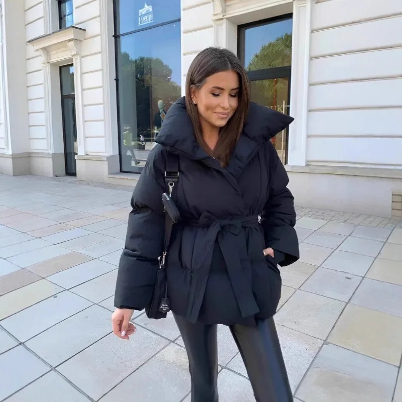 2025 Womens Winter Cotton Padded Coat Warm Fashion Long Sleeve Tunic with Belt for Waist Loose Solid Stand Collar Outerwear 251210