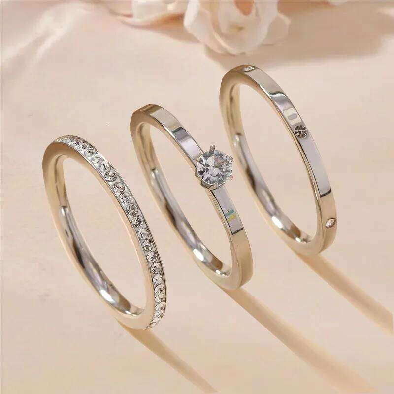 ZAKOL New Trendy Stainless Steel Ring For Women Three-Piece Set Zircon Classic Fashion Finger Accessory Jewelry Female Gifts