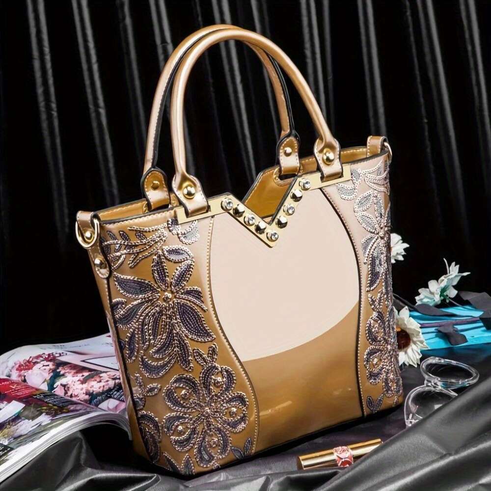 JINXIANGGUO Designer Floral Embroidery Patent Leather Handbag For Women Large Capacity Shoulder Tote With Zipper Closure Polyester Lined Paint Detail 