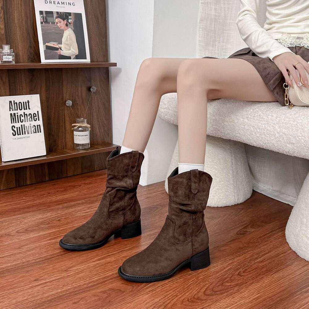Vintage Internal Height Increase Short Women, Autumn and Winter Slouch Chelsea Slim Boots, Chunky Heel Soft Surface Martin Boots for Women
