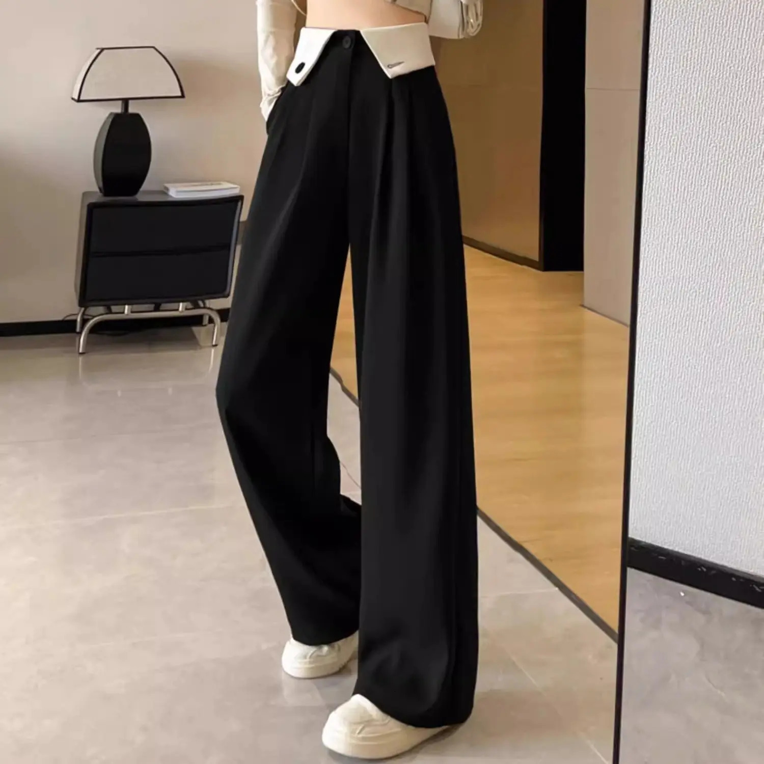 Flip Draped Wide-leg Pants for Women in Spring and Summer Thin n High Waist Casual Slim Black Straight Floor Suit Pants 251219